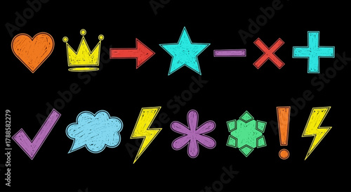Vibrant collection of hand-drawn chalk-style doodle icons and symbols including hearts, stars, and crowns on a blackboard