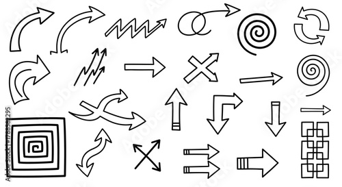 A comprehensive vector collection of hand-drawn doodle arrows, featuring various sketchy directional signs and pointers isolated on white