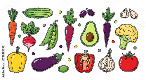 Set of assorted raw organic vegetable illustrations for healthy eating and vegan diets on a white background