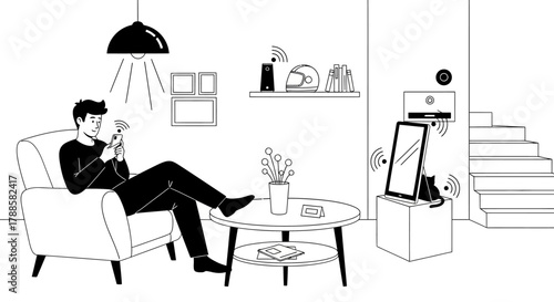 Young man relaxing in a modern living room, controlling a connected smart home with his smartphone for an automated lifestyle