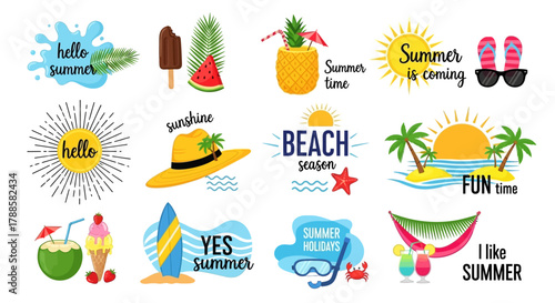 Vibrant collection of summer holiday illustrations featuring fun beach elements and tropical vacation icons