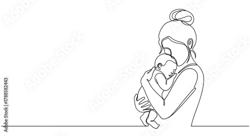 Continuous single line drawing of a mother tenderly holding her newborn baby. A minimalist illustration celebrating motherhood and family love