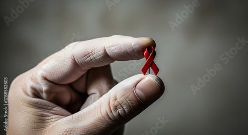 Hand holding a red ribbon, symbol of the fight against aids and hiv virus