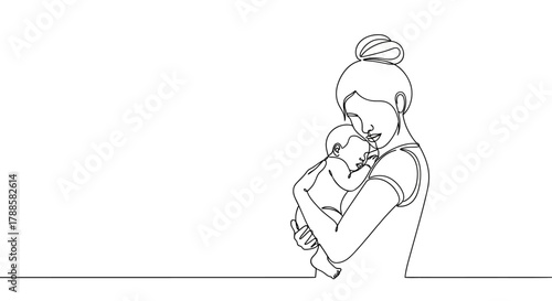 A tender moment between a mother and her newborn baby captured in a continuous one-line drawing. Minimalist vector illustration of motherhood