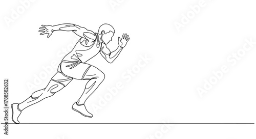 Continuous line drawing of a muscular male athlete sprinting forward. Dynamic vector illustration of a runner in motion