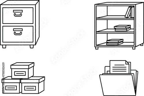 Simple office storage line icon set. Vector pictograms of filing cabinet, thin linear illustration.