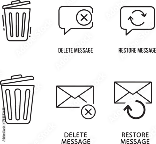 Outline Icons Set for Digital Messaging Deletion and Restoration Functions