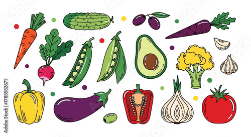 Vibrant set of fresh vegetable icons. Hand-drawn illustrations for healthy eating, vegetarian menus, and food blogs