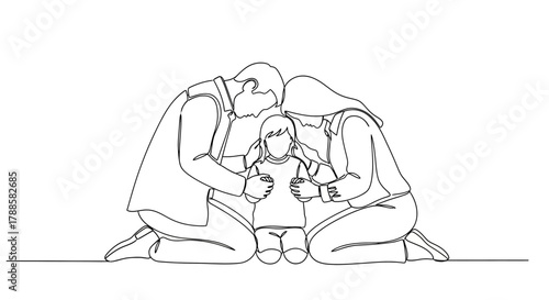 Minimalist continuous line drawing of parents kneeling to embrace their child, symbolizing family protection and love