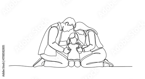 A family united in prayer, a single continuous line drawing illustrating faith, love, and togetherness