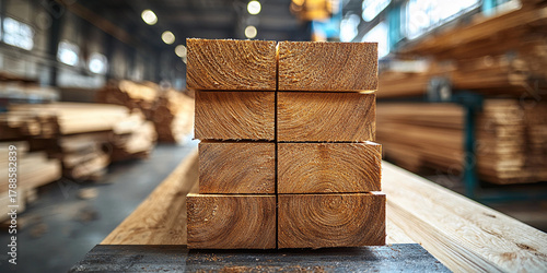 Stack of freshly milled timber planks in a wood shop Generative AI