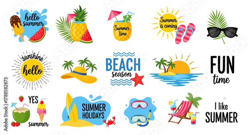 A vibrant collection of summer-themed graphic icons, including tropical beach scenes, vacation essentials, and cheerful holiday typography