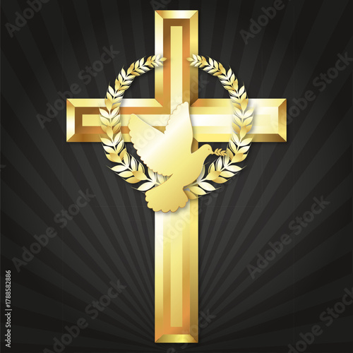 Golden Christian cross and dove in a round wreath symbol