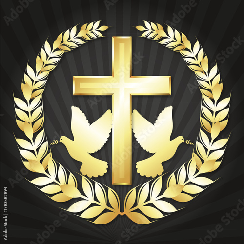 Golden Christian cross and two doves in a round wreath