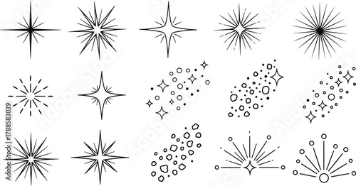 Doodles with Sparkle Stars and Sunbursts in Black Lines Isolated on White Space