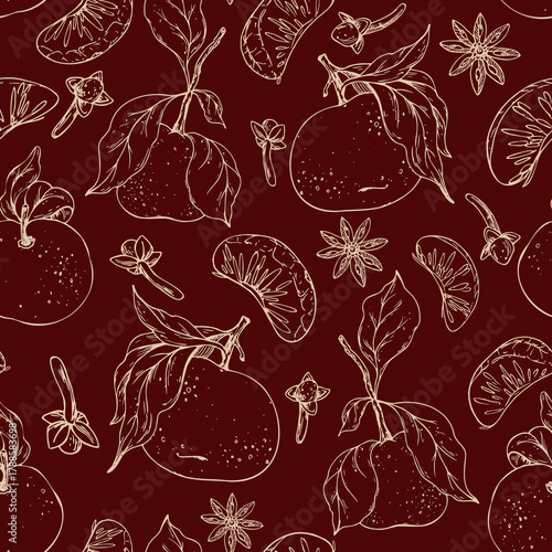 A hand-drawn line art seamless pattern with tangerines, cloves, and star anise. This minimalist graphic illustration is perfect for Christmas packaging, mulled wine labels, and festive textile design.