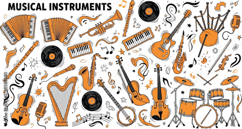 Drawn musical instruments including vinyl accordion trumpet and harp on white