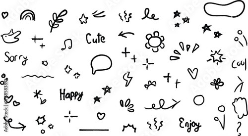 Collection of hand drawn doodle elements including stars hearts flowers and text for journaling and scrapbooking