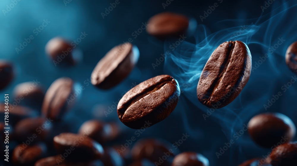 Fototapeta premium Floating coffee beans and aromatic steam with dramatic lighting, conveying a rich sensory coffee experience. Ideal for branding and advertising in coffee industries.