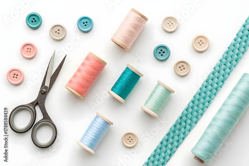 Flat lay of colorful sewing supplies including pastel threads, buttons, scissors, and patterned fabric on white background for creative projects