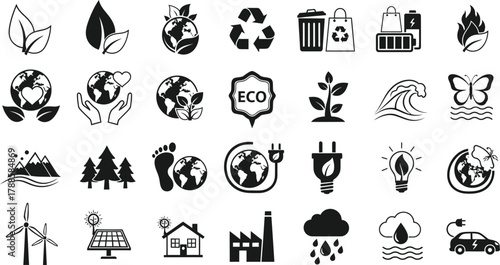 Eco Environment Icon Set, Nature Conservation, Save World, Globe, Recycle, Leaves, Isolated