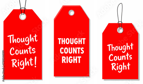 Red tags with text "Thought Counts Right" for gift and decoration, vector, set, Funny Tags for Gifts  