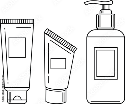 Collection of cosmetic tubes and pump bottle line art vector icon