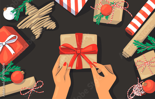 Merry Christmas, Happy New Year. Gift giving. Holiday season banner top view. Hands unpacking box, Decorative red bow.