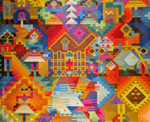 チュニジアや北アフリカの伝統的なカラフル幾何学模様の織物 ベルベル文化を思わせる抽象的な柄