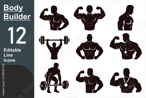 Bodybuilder icons set, gym fitness silhouette, muscle workout illustration, weightlifting poses, athlete bodybuilding vector design