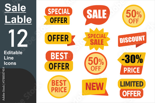Colorful Sale Label Icon Set — Editable Vector Badges with Discount, Special Offer, Best Price, and Promotion Tags for Marketing and E-commerce Design