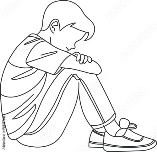 Sad boy sitting line art vector.