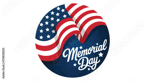 Oval shape silhouette of the american flag waving with memorial day text in a cursive font on a dark blue background