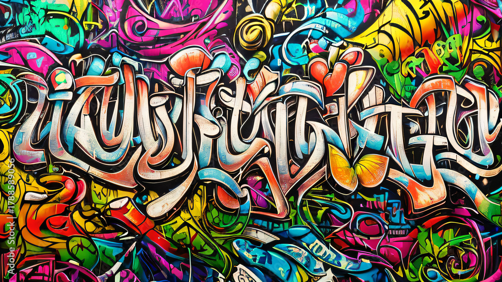 Fototapeta premium Graffiti mural with metallic letters, abstract shapes, and bright colors, showcasing urban street art and expression.