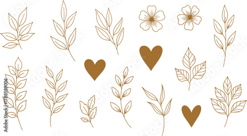 Elegant Floral Leaves and Hearts Outline on White Background, Decorative Design