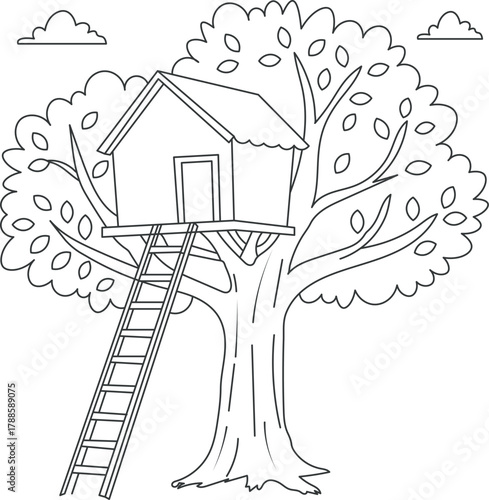 Kids Coloring Page tree and house vector.
