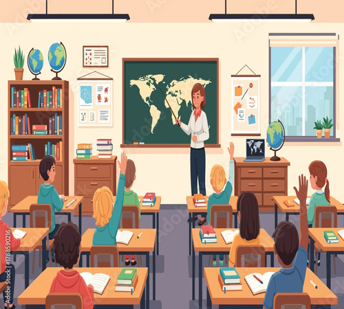 Classroom setting with teacher and students raising hands in front of a world map, promoting active participation and engagement in geography lesson