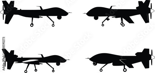 Military drone aircraft silhouettes, unmanned aerial vehicle design, modern technology illustration, surveillance concept, aviation graphic, black vector airplane icons