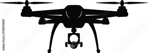 Modern drone with professional camera, quadcopter flying technology silhouette, unmanned aerial vehicle illustration, high quality vector design for photography concept