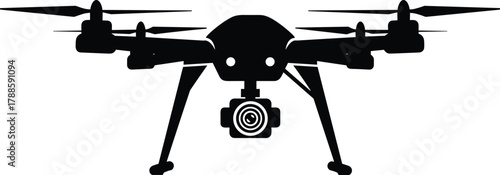 Modern quadcopter drone silhouette with camera, aerial photography equipment, technology concept, unmanned flying device, professional drone illustration, vector graphic