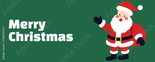 Santa Claus carrying a big red sack full of gifts — Merry Christmas banner in cute cartoon style on green festive background, joyful winter vector illustration