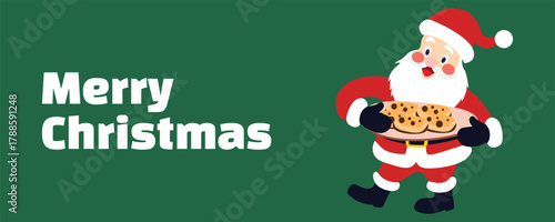 Cute Santa Claus holding a big plate  with cookies — Merry Christmas banner in cartoon style on green festive background, winter holiday vector illustration