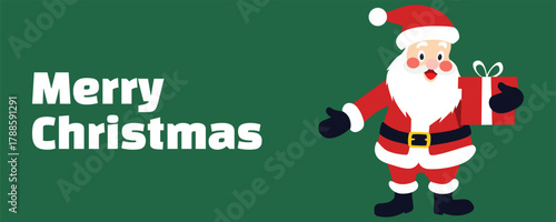Santa Claus holding a gift box — Merry Christmas banner in cute cartoon vector style, red costume on green background, festive winter design