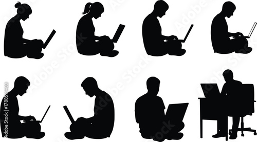 People silhouettes using laptops, sitting and working, remote work concept, digital technology illustration, freelance lifestyle, office posture, productivity design