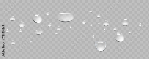 Transparent rain drops sliding slowly down the glass with gentle reflections.