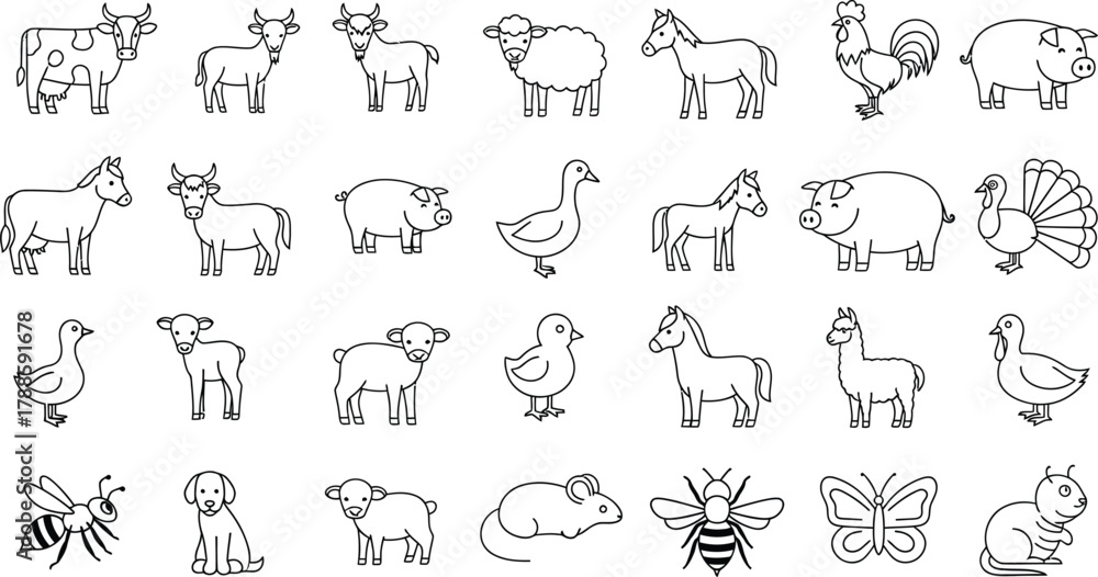 Obraz premium Farm Animals Doodle Set, Cow, Goat, Sheep, Horse, Chicken Outline