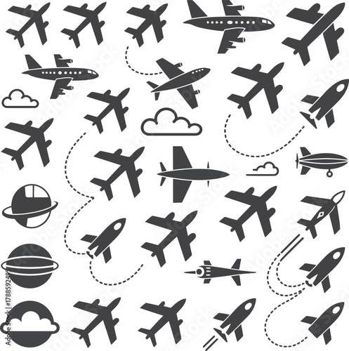 Aviation travel and space flight collection of transport icons