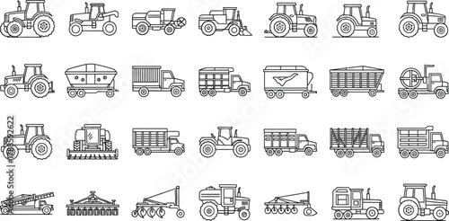Farm Vehicles Set Outline Style Tractors, Harvesters, Trailers on Transparent Background