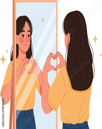 A young woman is standing in front of a mirror, making a heart shape with her hands, reflecting selflove and acceptance, with a warm and inviting atmosphere
