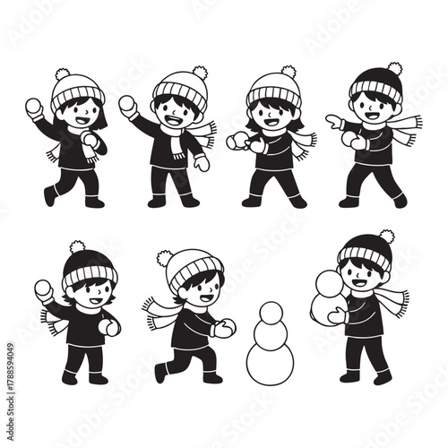Kids playing in snow icon set 